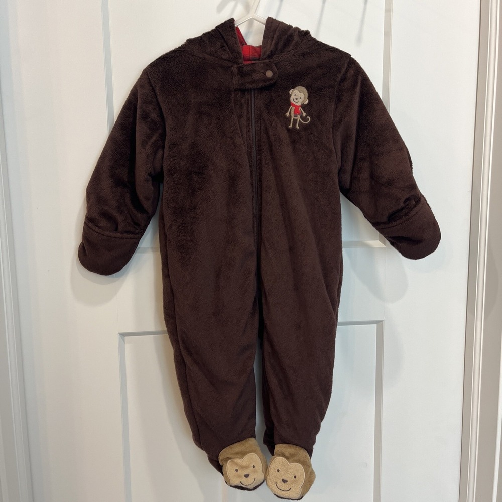Carters Just One You Size 9 Month Monkey Baby Full Zip Hooded Winter One-Piece